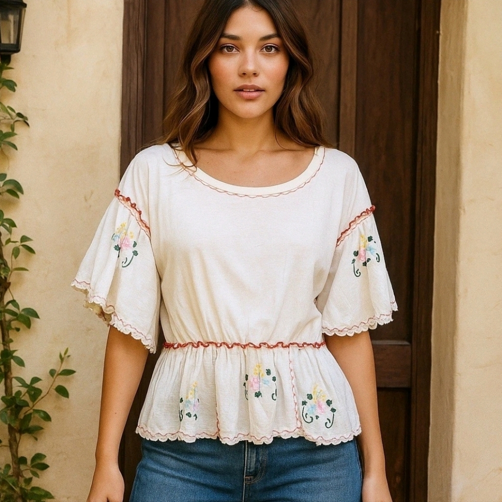 Anthropologie Cream Embroidered Peplum Top